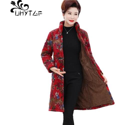 UHYTGF 6XL Large Size Jacket Mother Parker Women Plus Velvet Thicken Warm Winter Cotton Coat Vintage Printed Long Outerwear 1436