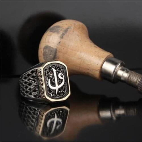 Male Black Aleph Vav Pattern genuine Silver Ring ottoman style