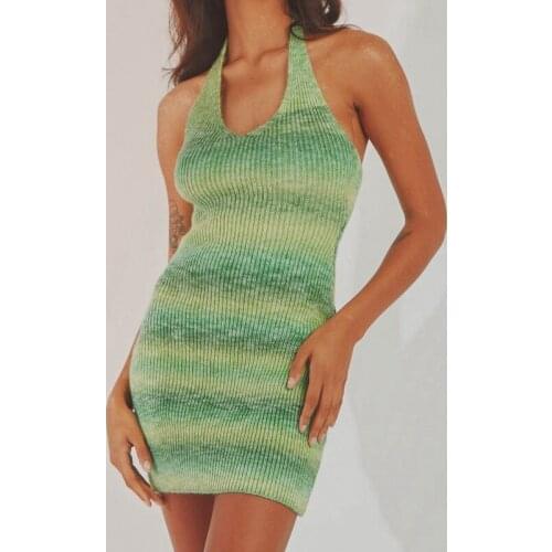 New Women’s Sexy Halter Knitted Skinny Dress Fashion Gradient Color Backless Short Dress
