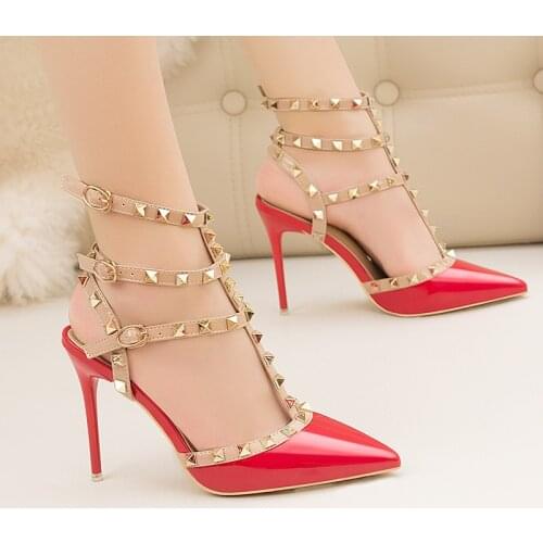 New Summer Ankle Rivet Buckle Fashion Womens Sandals Patent Leather High Heels Women Wedding Shoes Red Female Sexy Party Pumps