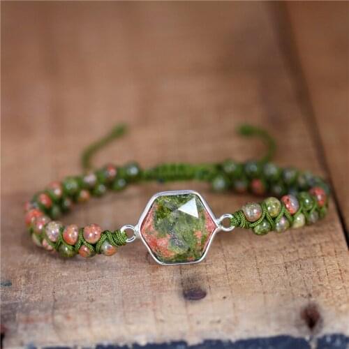 Boho Unakite Hexagon Charm Beads Braided Bracelet Bohemian Green Natural Stone Macrame Bracelet Women Jewelry Gift Dropshipping