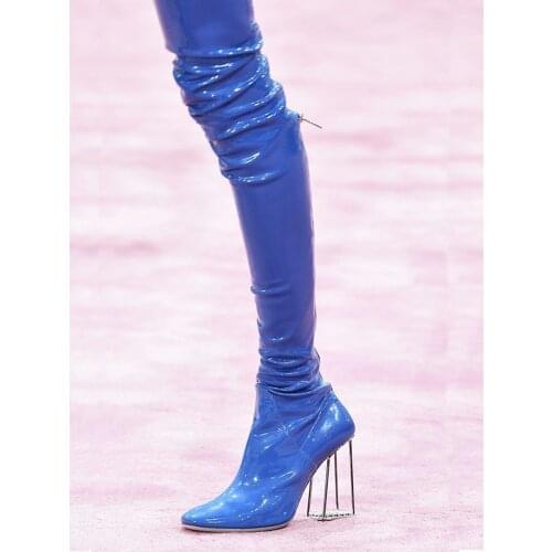 Transparent Chunky Slim Thigh-High Boots Autumn Winter Fashion Show Boots Zipper Square Toe Over The Knee Patent Leather Shoes