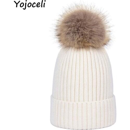 Yojoceli Women winter knitted beanies hats Natural fur pom pom Beanies Caps Soft elasticity Warm female casual hats