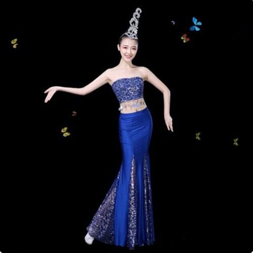 Blue chinese minority dance costumes for women peacock dancer clothes stage performance clothing nationality clothing