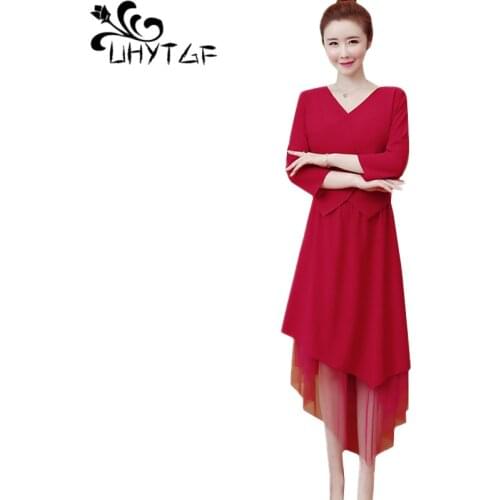 UHYTGF 5XL Plus Size Dress Women V-Neck Pullover Beach Spring Dress Women Fashion Hollow Irregular Red Black Elegant Dresses 767