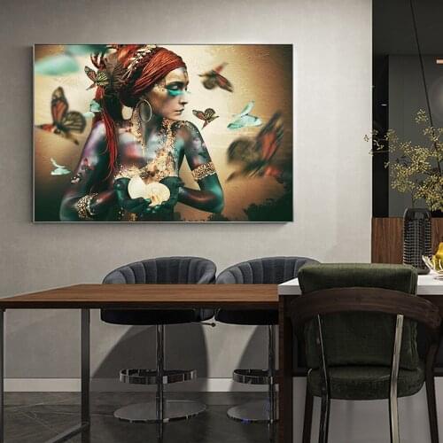 African Woman With Butterfly Canvas Paintings HD Print On The Wall Art Posters and Prints For Living Room Bedroom Decoration Art
