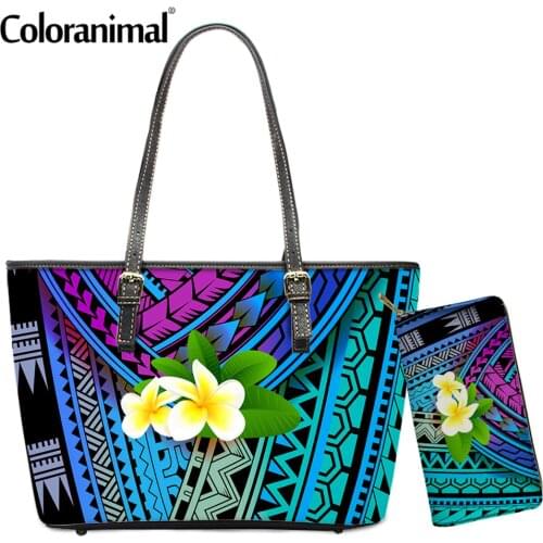 Coloranimal 2Pcs/Set PU Leather Women Shoulder Bag&Purse Gradient Polynesian Plumeria Print Handbag for Lady Tote Crossbody Bag