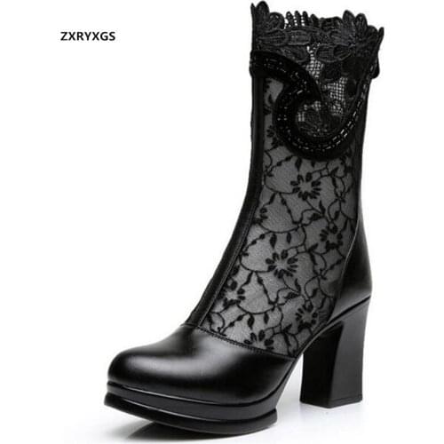 2021 New Spring Summer Top Cowhide Mesh Lace Rhinestone Female Boots Elegance Black Boots Cool Sandals Light High Heel Boots