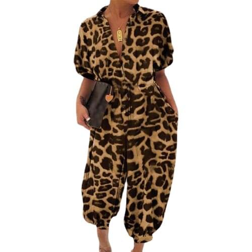 2021 Sexy V-Neck Button Lace-Up Jumpsuit Summer Short Sleeve Loose Playsuit Overalls Women Elegant Leopard Print Pocket Rompers