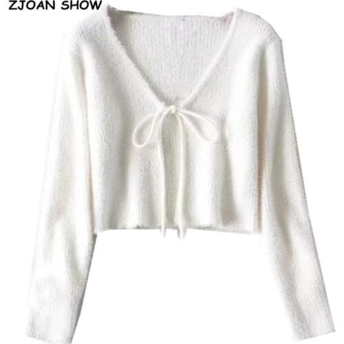 2020 French V neck Lacing up Strappy Knitted Shaggy Cardigan Sweater Retro Woman Long sleeve Short Jumper Sexy kleding jerseis