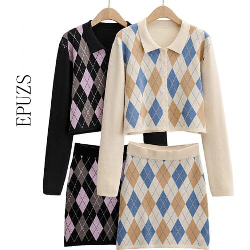 Fashion sweater 2 set Women Eurpean Style Argyle Knitted Cardigan Sweater+ Chic Mini Skirt 2020 women two sets