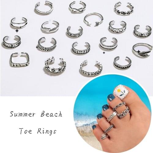 Lot Summer WomVintage Star Moon Toe Ring Flower Geometric Beach Rings On Foot Open Leaf New Fashion 2021 Woman Foot Jewelry