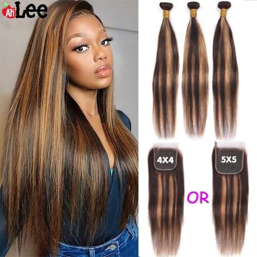 AliLee Highlight Colored Peruvian Hair Straight Bundles With 5x5 Closure Ombre P4/30 Remy Human Hair Bundles With 4x4 Closure
