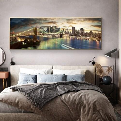 Brooklyn Bridge Night Landscape Oil Paintings on Wall Posters and New York City Printed on Canvas Bedroom Decor Pictures