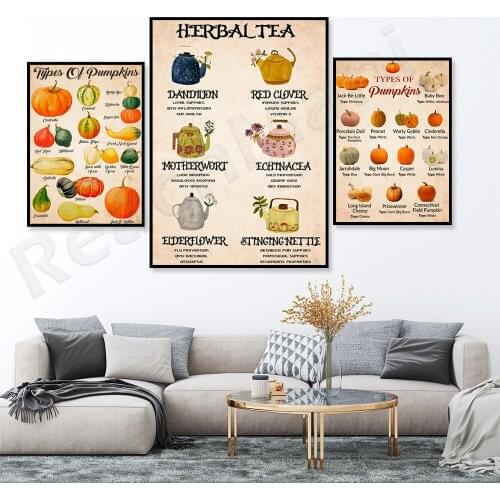 Pumpkin-shaped knowledge decorative pumpkin graphic posters, harvest autumn prints, herbal tea posters, Halloween witch magic ki