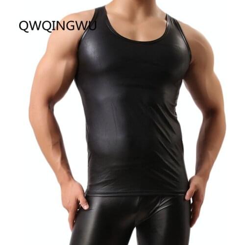 Sexy Mens T-Shirt Black Faux Leather Short Sleeve PU Undershirt Tank Top Vest Waistcoat Underwear Gay Male Undershirt