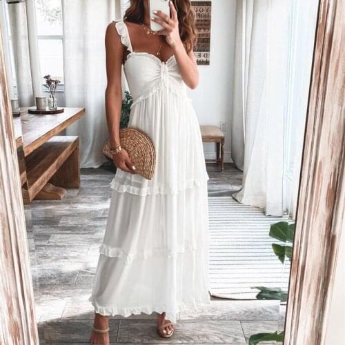 Hirigin Summer Solid Tunic Maxi Dress V Neck Robe Femme Elegant Ruffles Party Long Dresses Spaghetti Strap Casual Vestidos Mujer