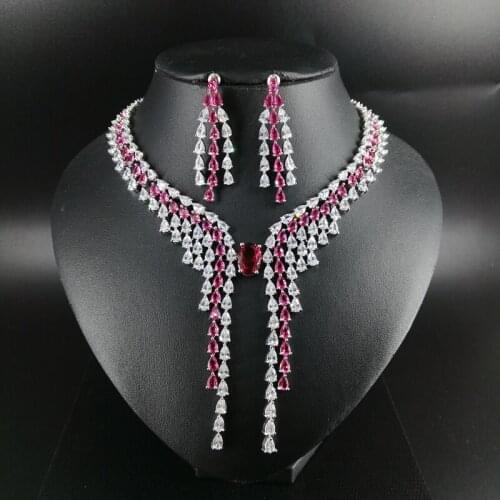 New fashion Luxury red blue green yellow crystal water drop zircon necklace earring wedding bride banquet dressing jewelry set