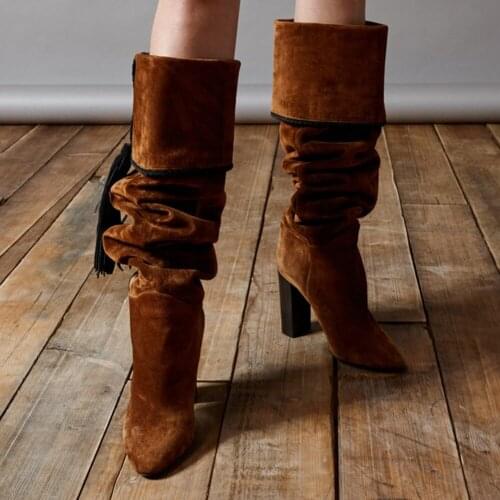 Fashion Chunky Heel Boots Brown Knee High Heel Boots Tassel Shoes Big Size 44 45 46 Women Shoes
