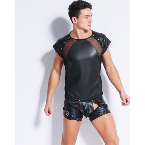 Men PVC Faux Leather Mesh Clubwear Gay Couple Enhancing Fetish Sex Sexy Punk Shiny O Collar Vest Muscle Fad Shirt Patchwork Coat