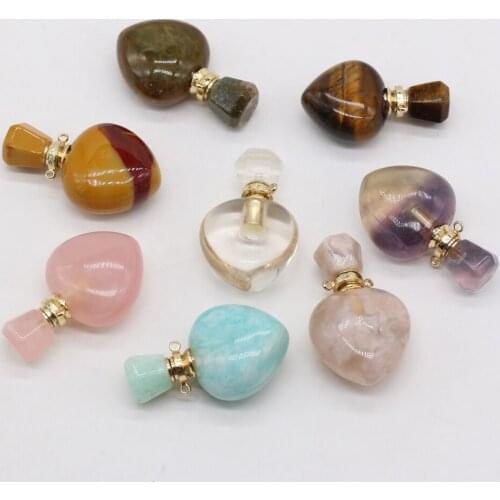 Natural Semi-precious Stone Heart-shaped Perfume Bottle Pendant Essential Oil Vial for Jewelry Making DIY Necklace Accessories