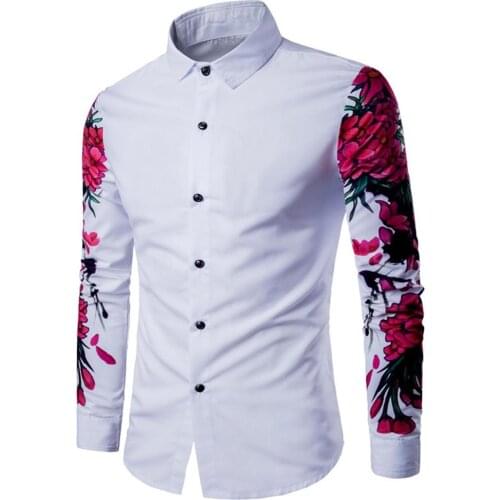 Casual Men Solid Color Floral Print Long Sleeve Buttons Down Slim Shirt Blouse