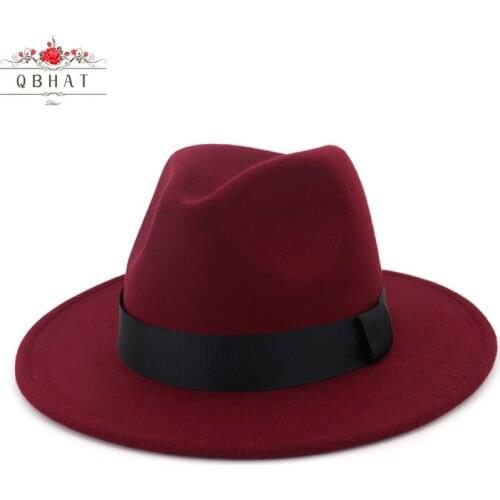 QBHAT Men Women Flat Brim Jazz Wool Felt Fedora Hats Black Ribbon Decoration Simply Unisex Panama Gambler Hat Trilby QB54