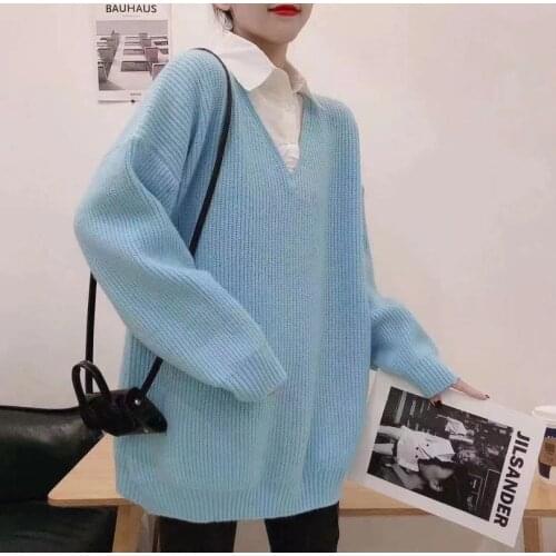 Autumn and winter fashion foreign style new long-sleeved shirt collar top loose fake two-piece sweater sweater casual all-match
