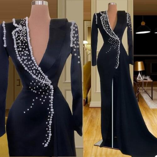 Dark Navy Beaded Mermaid Evening Dresses 2021 V Neck Split Long Sleeve Prom Dress Sexy Custom Formal Party Gowns