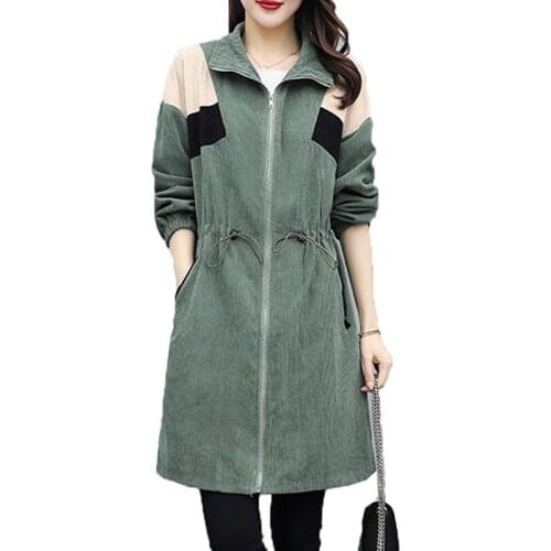 5XL Oversized Trench Coat Womens Windbreaker Spring and Autumn Corduroy Long Coat Ladies Drawstring Zipper Casual Jacket Outwea