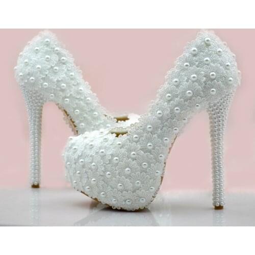 Women rhinestones Pumps shoes Elegant lace flower wedding shoes high-heeled shoes white pearl bride rite shoes lettering