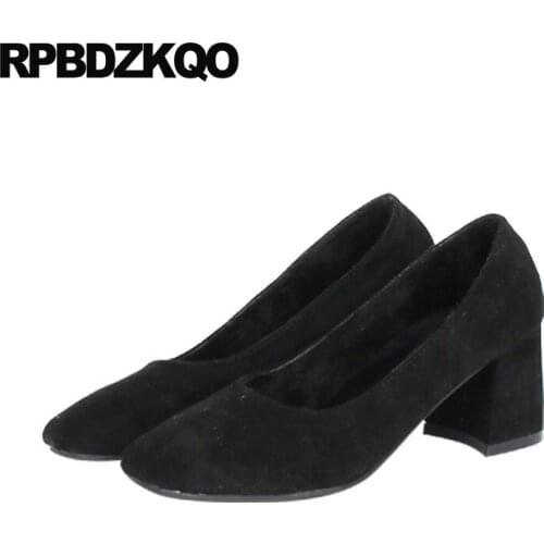 2021 Size 4 34 Black Square Toe High Heels Brown Slip On Casual Shoes Women 3 Inch Chunky Cheap Thick Medium Pumps Block Suede