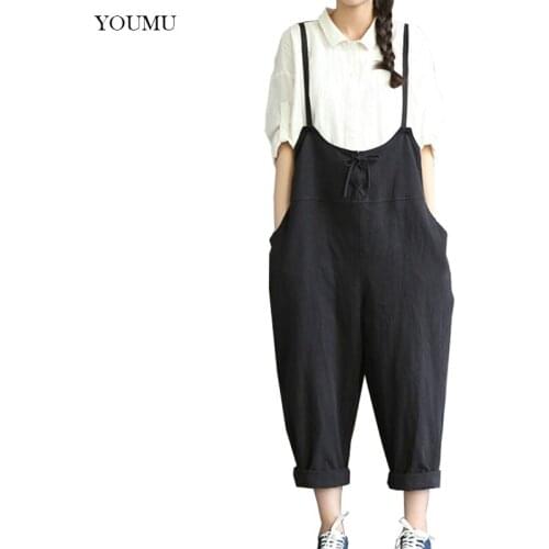 Women Cotton Linen Loose Overalls Pants Full Length Black Khaki M-3XL Casual High Waist Solid Students Trousers New 904-A443