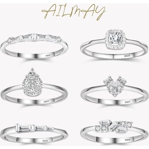 Ailmay Fashion Geometric Design Dazzling Zirconia 925 Sterling Silver Rings For Women Wedding Engagement Fine Female Jewelry