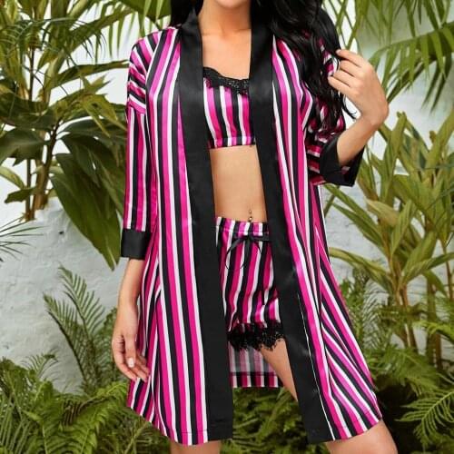 Plus Size Sexy Lingerie Long Sleeve Women Silk Striped Belted Robe Satin Bathrobe Sleepwear Bath Gown Pajamas femme robe#g3
