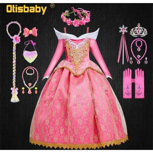 2021 Halloween Child Sleeping Beauty Costume Birthday Girls Princess Aurora Dress Masquerade Pink Shoulderless Lace Ball Gowns