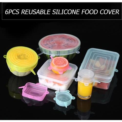 6Pcs/Set Solid Color Silicone Stretch Food Cover Square Round Stretch Lids Reusable Elastic Fresh Seal Wrap New Kitchen Supplies