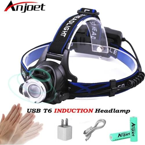 Anjoet Induction zoom headlamp IR Sensor XML t6 led headlight waterproof flash light head torch USB head lamp 18650