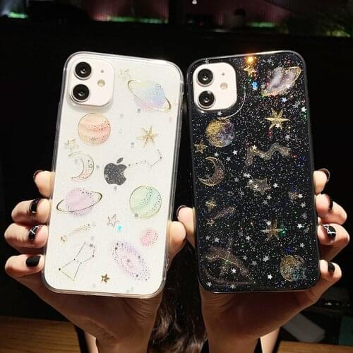 Moskado Glitter Starry Sky Stars Planet Phone Case For iPhone 12 Pro Max 11 Pro Max X XR XS 7 8 6 6s Plus SE 2020 Soft TPU Cover