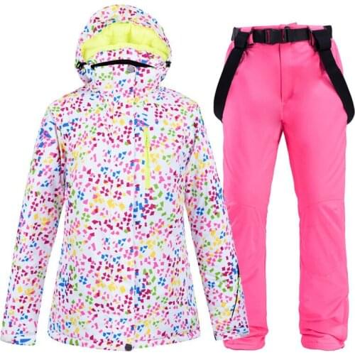 Cheap white women skiing suit sets snowboarding clothes waterproof windproof winter Costumes jackets + strap pants Snow Wear