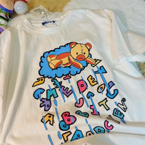 White Cotton Fashion Letters Bear Cartoon T Shirts Hip Hop Graphic Tee O-neck Short Sleeve Summer Plus Size Tops Teens Clothing