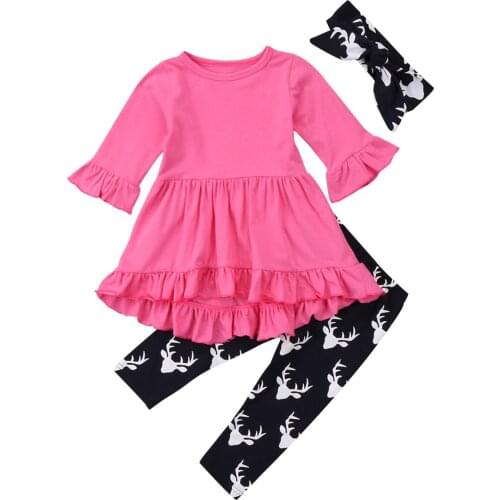 Citgeett Toddler Xmas Baby Girls Blouse Dress Long Sleeves Pink Deer Pants Leggings Headband Outfits Set Flower