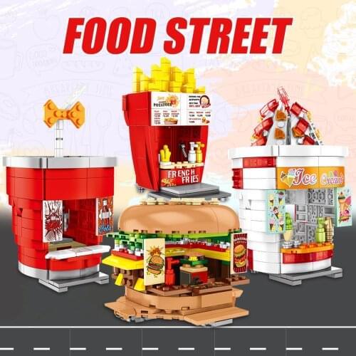 City street view fast food hamburger restaurant French fries ice cream cola shop moc building block figures bricks toys for kids