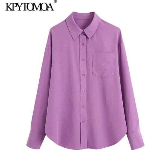 KPYTOMAO Women 2021 Fashion With Topstiitched Loose Poplin Blouses Vintage Long Sleeve Patch Pockets Female Shirts Chic Tops