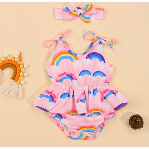 Newborn Summer Baby Girls Jumpsuits Infant Outfits Sleeveless Tie-up Rainbow Print U-shaped Neck Romper + Headband Clothes