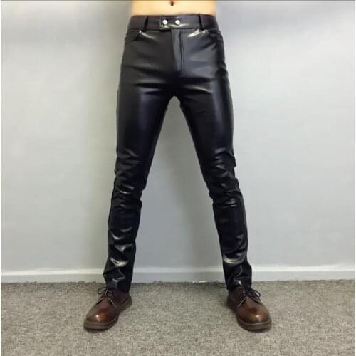 XS-4XL Spring and Autumn men harem leather pants tight non-mainstream motorcycle thin leather pants hairstylist singer trousers