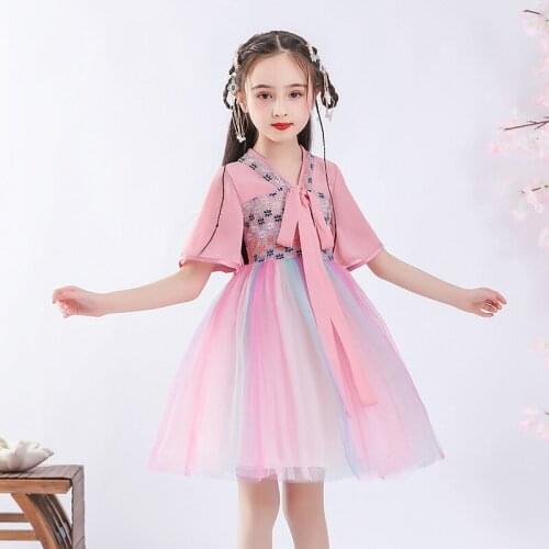 New Design Girls Sweet Dresses Costumes Party Chinese Traditional Hanfu Clothes Summer Girls Dress Childrens Short Dress