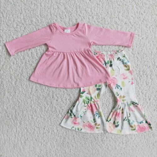 Fall/Winter Pink Cotton Long Sleeve Tunic Floral Bell Bottom Pants Set for Baby Girls