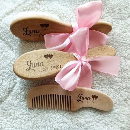 Custom Name Baby Bathing Comb Baby Care Hair Brush Pure Natural Wool Wood Comb Newborn Massager Baby Shower and Registry Gift
