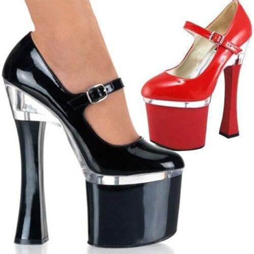 Simple Women Black Red Ankle Sandals Thick Platform High Heel Shoes Buckle Strap Shoes Club Dancing Party Shoes